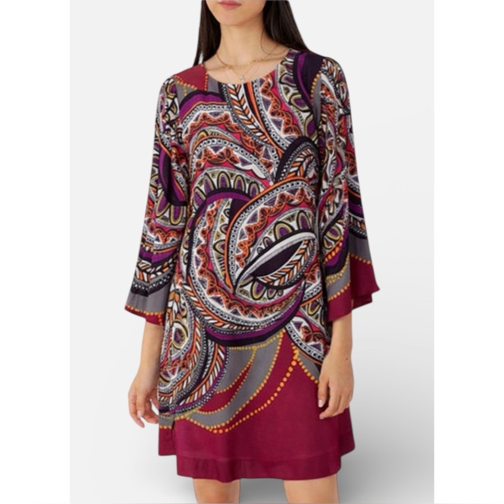 HALE BOB | Printed Crepe Shift Dress in Cranberry Paisley, Size Medium